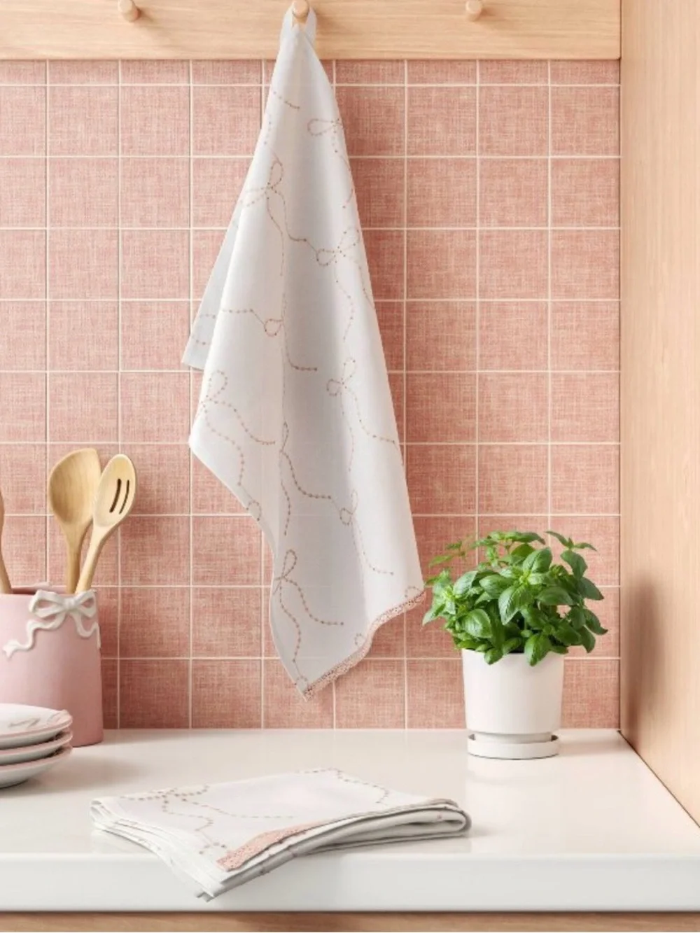 Dining Linen Set - Pink Embroidered Table Runner, Napkins & Towels